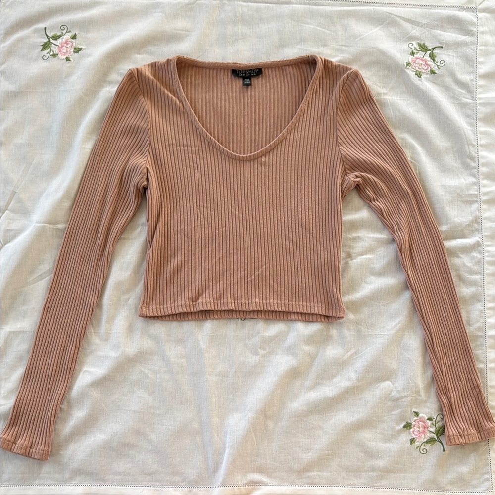 Topshop size 6 Pink/Dusty Rose Ribbed Crop Long Sleeve Blouse